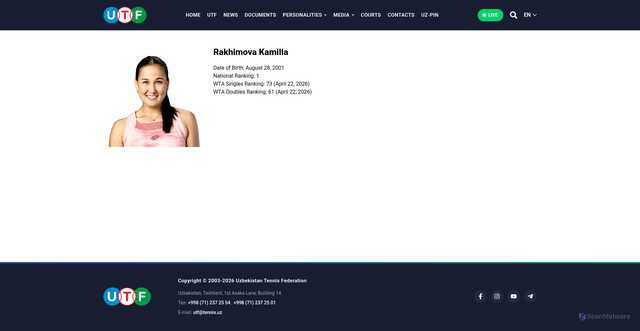 Security scan screenshot of https://tennis.uz/en/personalities/rakhimova-kamilla/