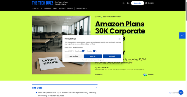 Security scan screenshot of https://www.techbuzz.ai/articles/amazon-plans-30k-corporate-job-cuts-starting-tuesday