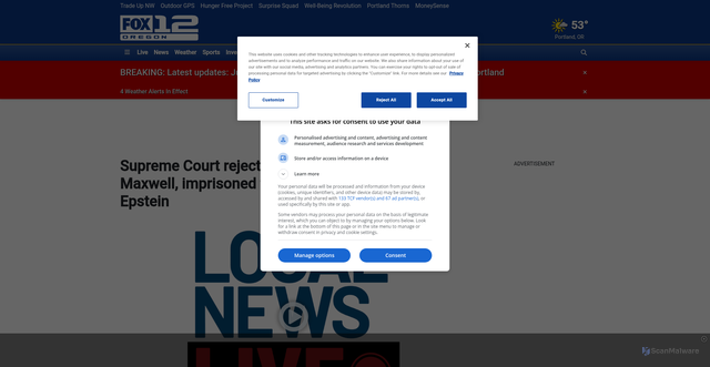 Security scan screenshot of https://www.kptv.com/2025/10/06/supreme-court-rejects-appeal-ghislaine-maxwell-imprisoned-former-girlfriend-jeffrey-epstein/