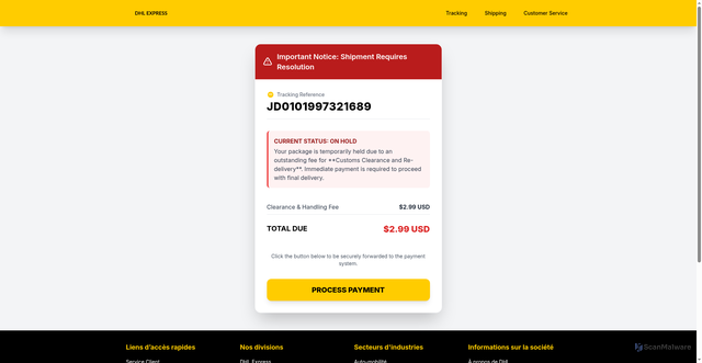 Security scan screenshot of https://parcel190241.wpdevcloud.com/dh/payment/dhl_notification_page.html