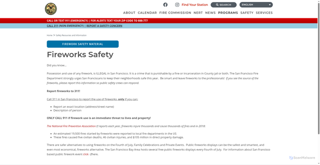 Security scan screenshot of http://sf-fire.org/safety-resources-and-information/fireworks-safety