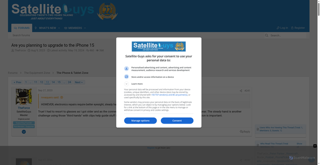 Security scan screenshot of https://www.satelliteguys.us/xen/threads/are-you-planning-to-upgrade-to-the-iphone-15.404570/page-13