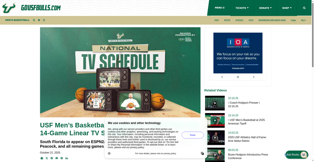 Security scan screenshot of https://gousfbulls.com/news/2025/10/21/mens-basketball-usf-mens-basketball-announces-tipoff-times-and-14-game-linear-tv-schedule.aspx
