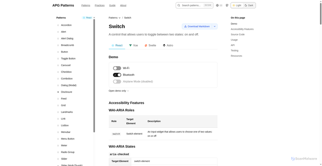 Security scan screenshot of https://apg-patterns-examples.pages.dev/patterns/switch/react/