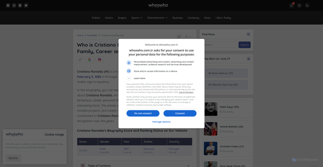 Security scan screenshot of https://whoswho.com.tr/cristiano-ronaldo/