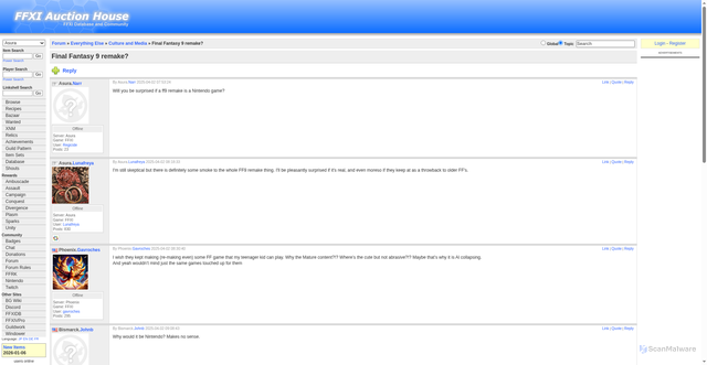 Security scan screenshot of https://www.ffxiah.com/forum/topic/58313/final-fantasy-9-remake/