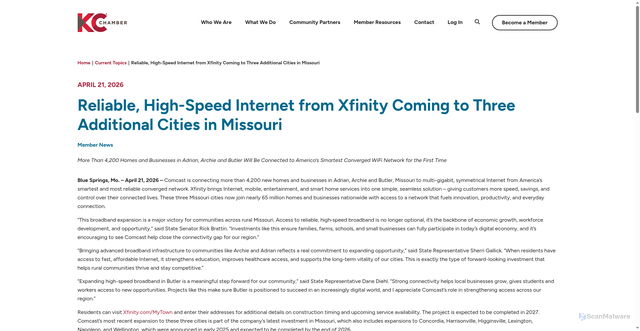 Security scan screenshot of https://www.kcchamber.com/current-topics/reliable-high-speed-internet-from-xfinity-coming-to-three-additional-cities-in-missouri/