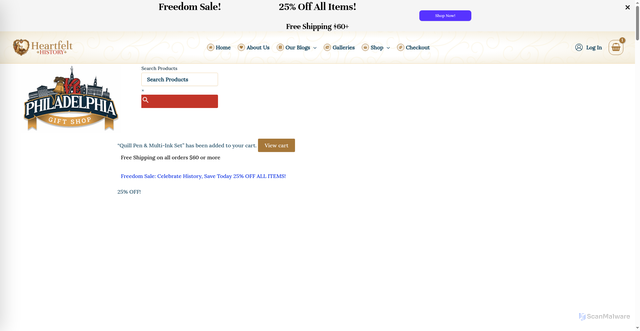 Security scan screenshot of https://heartfelthistory.com/shop/250th-anniversary-post-card/?add-to-cart=34099