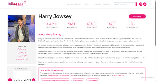 Security scan screenshot of https://influencermatchmaker.co.uk/influencer/harry-jowsey
