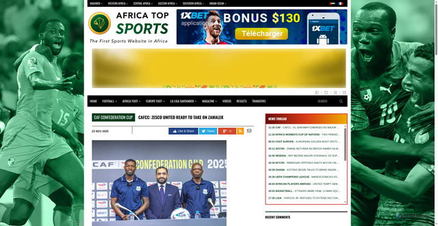 Security scan screenshot of https://en.africatopsports.com/2025/11/23/cafcc-zesco-united-ready-to-take-on-zamalek/