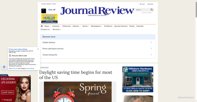 Security scan screenshot of https://www.journalreview.com/stories/daylight-saving-time-begins-for-most-of-the-us,331262