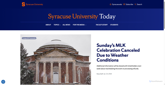 Security scan screenshot of https://news.syr.edu/2026/01/23/sundays-mlk-celebration-canceled-due-to-weather-conditions/