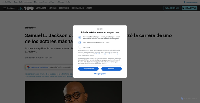 Security scan screenshot of https://la100.cienradios.com/efemerides/samuel-l-jackson-cumple-77-anos-asi-empezo-la-carrera-de-uno-de-los-actores-mas-taquilleros-de-hollywood/