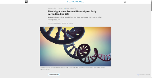 Security scan screenshot of https://www.scientificamerican.com/article/rna-may-be-common-throughout-the-cosmos-new-study-suggests/