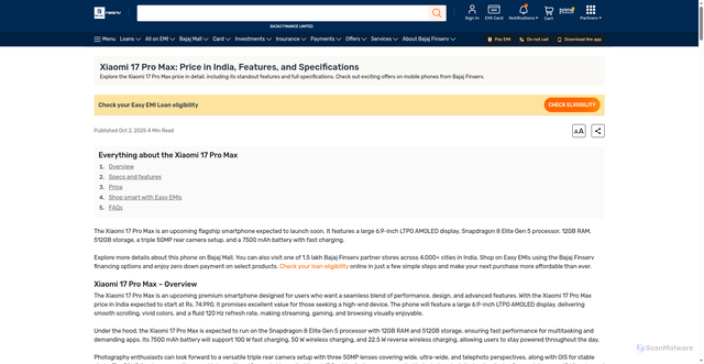 Security scan screenshot of https://www.bajajfinserv.in/xiaomi-17-pro-max-price-in-india
