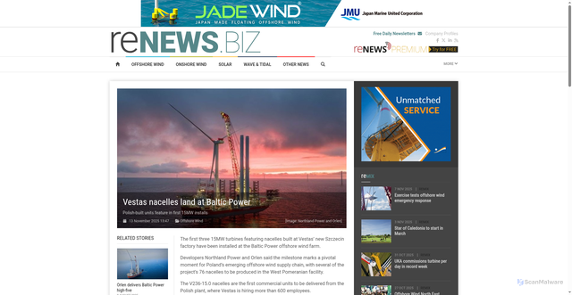 Security scan screenshot of https://renews.biz/105329/vestas-nacelles-land-at-baltic-power/