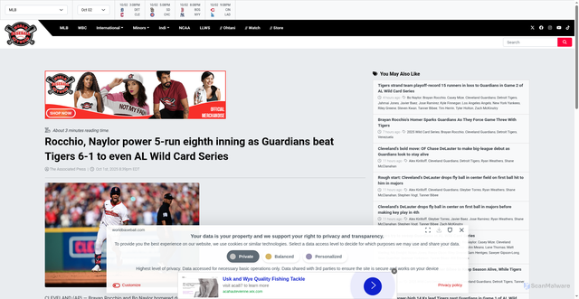 Security scan screenshot of https://worldbaseball.com/rocchio-naylor-power-5-run-eighth-inning-as-guardians-beat-tigers-6-1-to-even-al-wild-card-series/