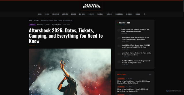 Security scan screenshot of https://metal-mantra.com/aftershock-2026-festival-guide/