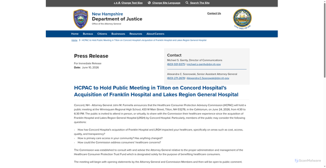 Security scan screenshot of https://www.doj.nh.gov/news-and-media/hcpac-hold-public-meeting-tilton-concord-hospitals-acquisition-franklin-hospital-and