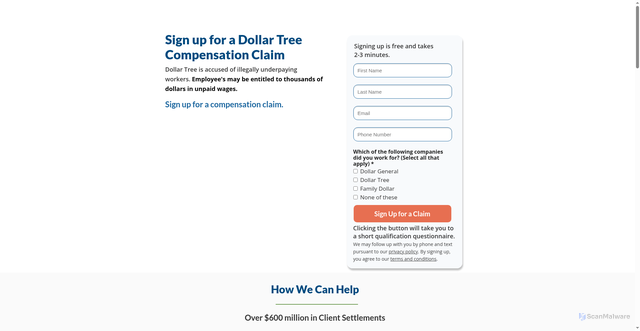 Security scan screenshot of https://www.dollartreeclaims.com