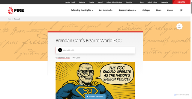 Security scan screenshot of https://www.fire.org/news/brendan-carrs-bizarro-world-fcc