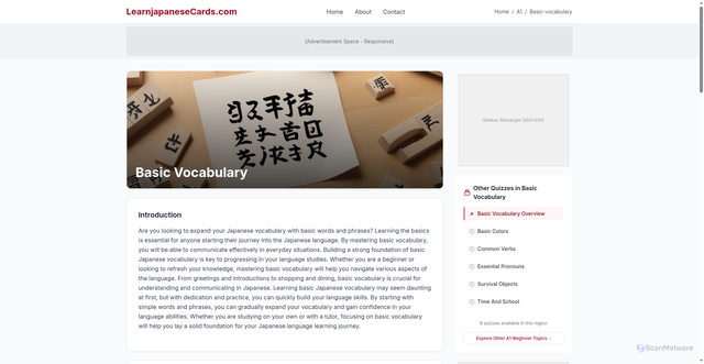 Security scan screenshot of https://learnjapanesecards.com/a1/basic-vocabulary/