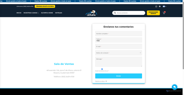 Security scan screenshot of https://camasolympiaonline.com/gt/contactenos/?srsltid=AfmBOoqTgevsPC9Xikj9_0oJd2Y3Tl-wHmUdWW9nXx_D2TmuPn95j7KD