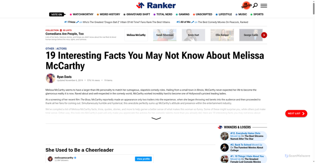 Security scan screenshot of https://www.ranker.com/list/facts-about-melissa-mccarthy/rydavis