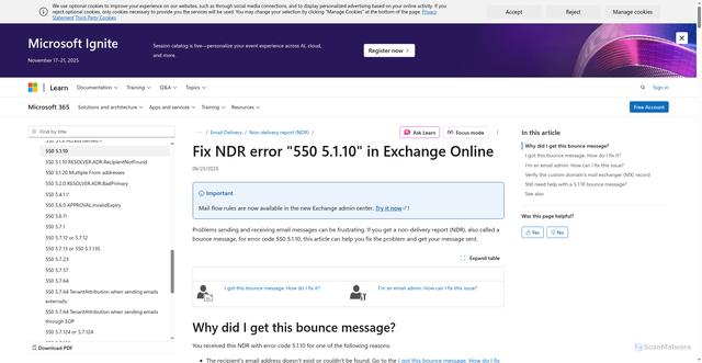 Security scan screenshot of https://learn.microsoft.com/en-us/troubleshoot/exchange/email-delivery/ndr/fix-error-code-550-5-1-10-in-exchange-online