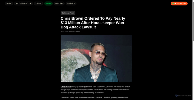 Security scan screenshot of https://roadblockradio.com/news/chris-brown-ordered-to-pay-nearly-13-million-after-housekeeper-won-dog-attack-lawsuit