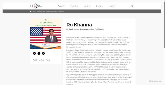 Security scan screenshot of https://indiaspora.org/government-leaders/ro-khanna-2/