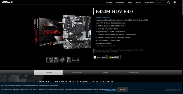 Security scan screenshot of https://www.asrock.com/mb/AMD/B450M-HDV%20R4.0/index.asp