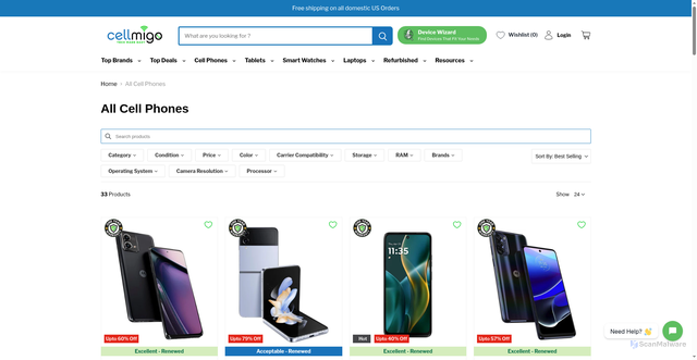 Security scan screenshot of https://cellmigo.com/collections/phones?srsltid=AfmBOopgE9tMKdh5Yn83vit4ulQNFGhjgjIvhQeGI1Y1jM5DJYCyv0Cj