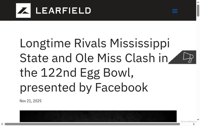 Security scan screenshot of https://www.learfield.com/2025/11/longtime-rivals-mississippi-state-and-ole-miss-clash-in-the-122nd-egg-bowl-presented-by-facebook/