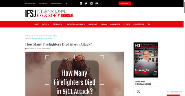 Security scan screenshot of https://internationalfireandsafetyjournal.com/how-many-firefighters-died-in-911/