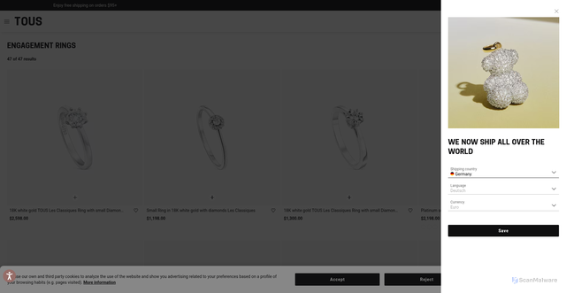 Security scan screenshot of https://www.tous.com/us-en/gift-ideas/engagement-rings/c/183?srsltid=AfmBOor6vKEjIh2PZ9H_WzkIJg2wTgCodtrK7duvpsUoE9RSu9V9mRok