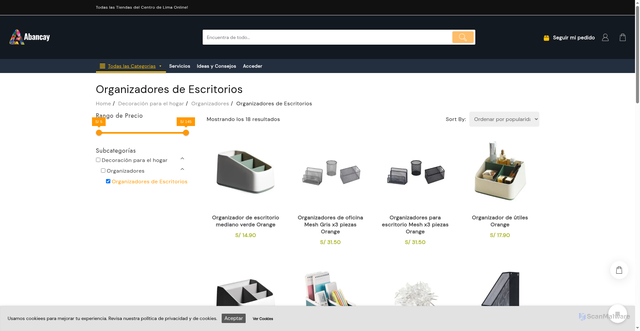 Security scan screenshot of https://abancay.com.pe/decoracion-para-el-hogar/organizadores/organizadores-de-escritorios/