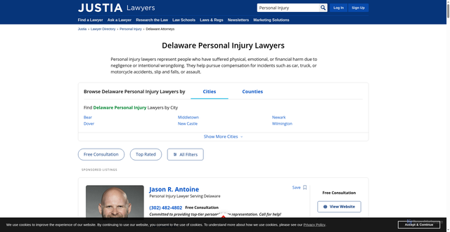 Security scan screenshot of https://www.justia.com/lawyers/personal-injury/delaware