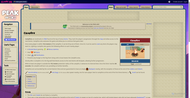 Security scan screenshot of https://peak.wiki.gg/wiki/Campfire