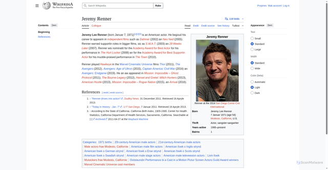 Security scan screenshot of https://sco.wikipedia.org/wiki/Jeremy_Renner