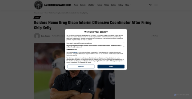 Security scan screenshot of https://raidersnewswire.com/raiders-name-greg-olson-interim-offensive-coordinator-after-firing-chip-kelly/2025/11/30/