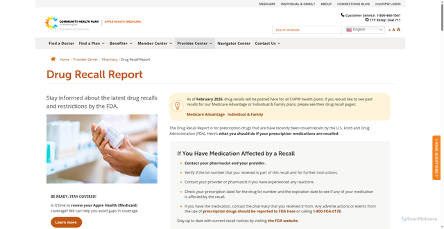 Security scan screenshot of https://www.chpw.org/provider-center/pharmacy/drug-recall-report/