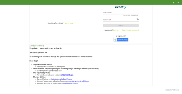 Security scan screenshot of https://exactix.va811.com