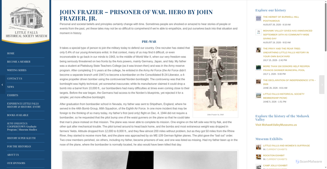 Security scan screenshot of https://littlefallshistoricalsociety.org/writing-series/john-frazier-prisoner-of-war-hero-by-john-frazier-jr/