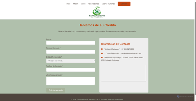 Security scan screenshot of https://famicreditosmedellinsas.com/contacto.html