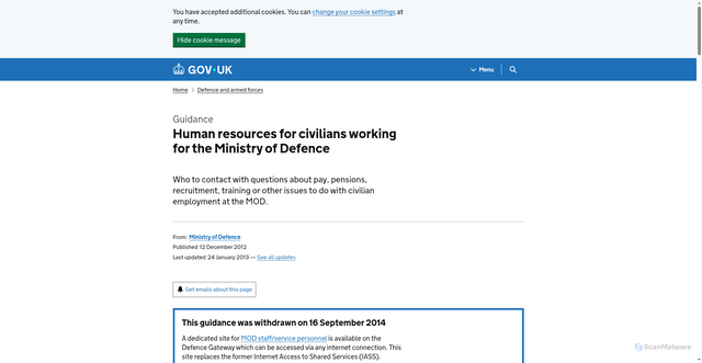 Security scan screenshot of https://www.gov.uk/guidance/human-resources-for-civilians-working-for-the-ministry-of-defence