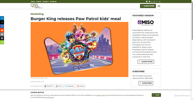 Security scan screenshot of https://www.qsrweb.com/news/burger-king-releases-paw-patrol-kids-meal/