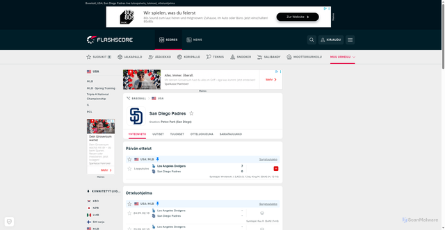 Security scan screenshot of https://www.flashscore.fi/joukkue/san-diego-padres/8poQN9Ud/