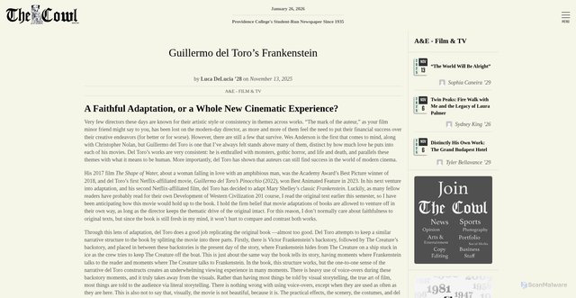 Security scan screenshot of https://www.thecowl.com/guillermo-del-toros-frankenstein/