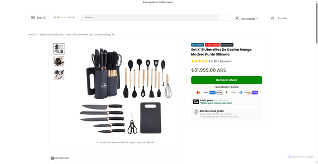 Security scan screenshot of https://aureahogar.shop/products/set-x-19-utensilios-de-cocina-mango-madera-punta-silicona